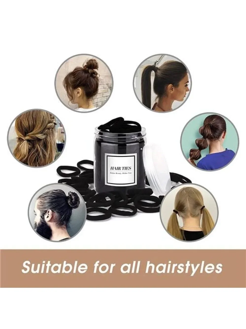 Black Hair Ties 50 Pack Cotton Seamless Ponytail Holders No Damage Hair Bands